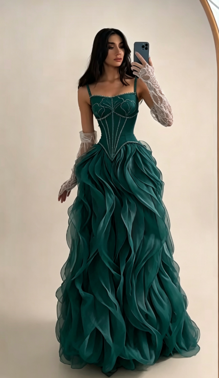 Elegant Morandi Blue Prom Dress Tulle Spaghetti Straps Evening Dress A-Line Formal Dress ED06874