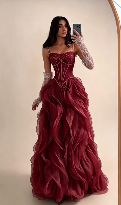 Elegant Morandi Blue Prom Dress Tulle Spaghetti Straps Evening Dress A-Line Formal Dress ED06874