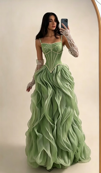 Elegant Morandi Blue Prom Dress Tulle Spaghetti Straps Evening Dress A-Line Formal Dress ED06874