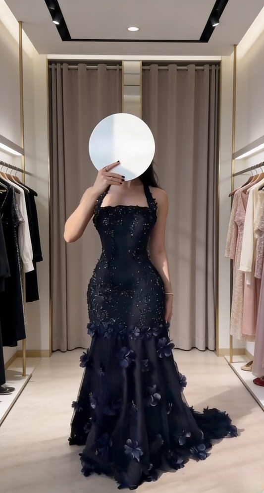 Elegant Navy Blue Prom Dress Tulle Halter Mermaid Evening Dress ED06976