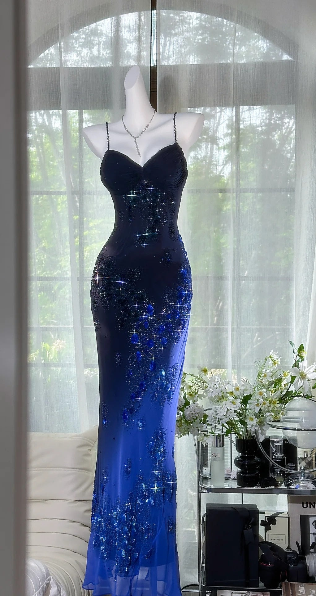 Robe de bal rose chic en mousseline, bretelles spaghetti perlées, robe de soirée fourreau, robe de cérémonie ED07005