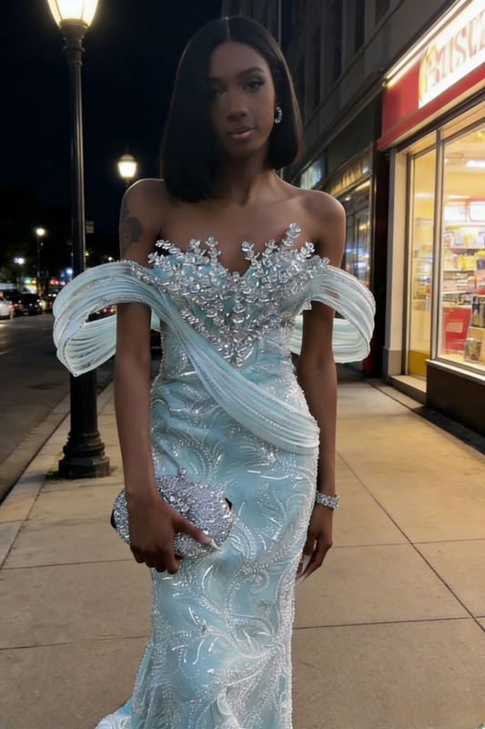 Sexy Tiffany Blue Prom Dress Tulle Birthday Dress Sheath Off-shoulder Evening Dress ED07091