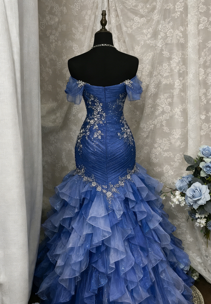 Gorgeous Blue Prom Dress Off-shoulder Tulle Sheath Birthday Dress Sleeveless Evening Dress ED07136