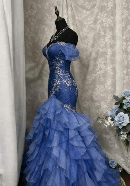 Gorgeous Blue Prom Dress Off-shoulder Tulle Sheath Birthday Dress Sleeveless Evening Dress ED07136