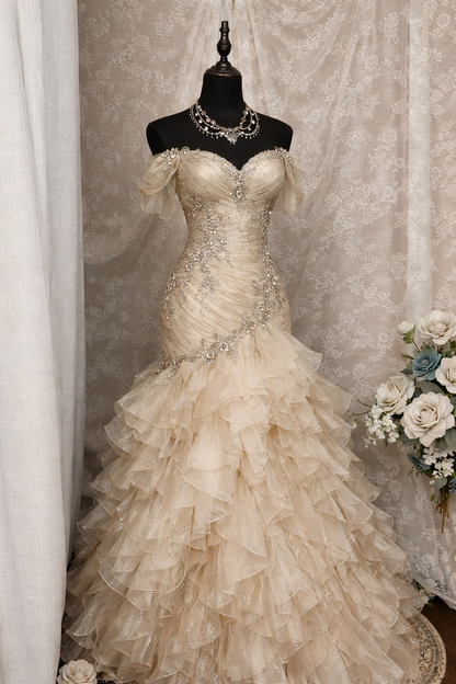 Gorgeous Blue Prom Dress Off-shoulder Tulle Sheath Birthday Dress Sleeveless Evening Dress ED07136