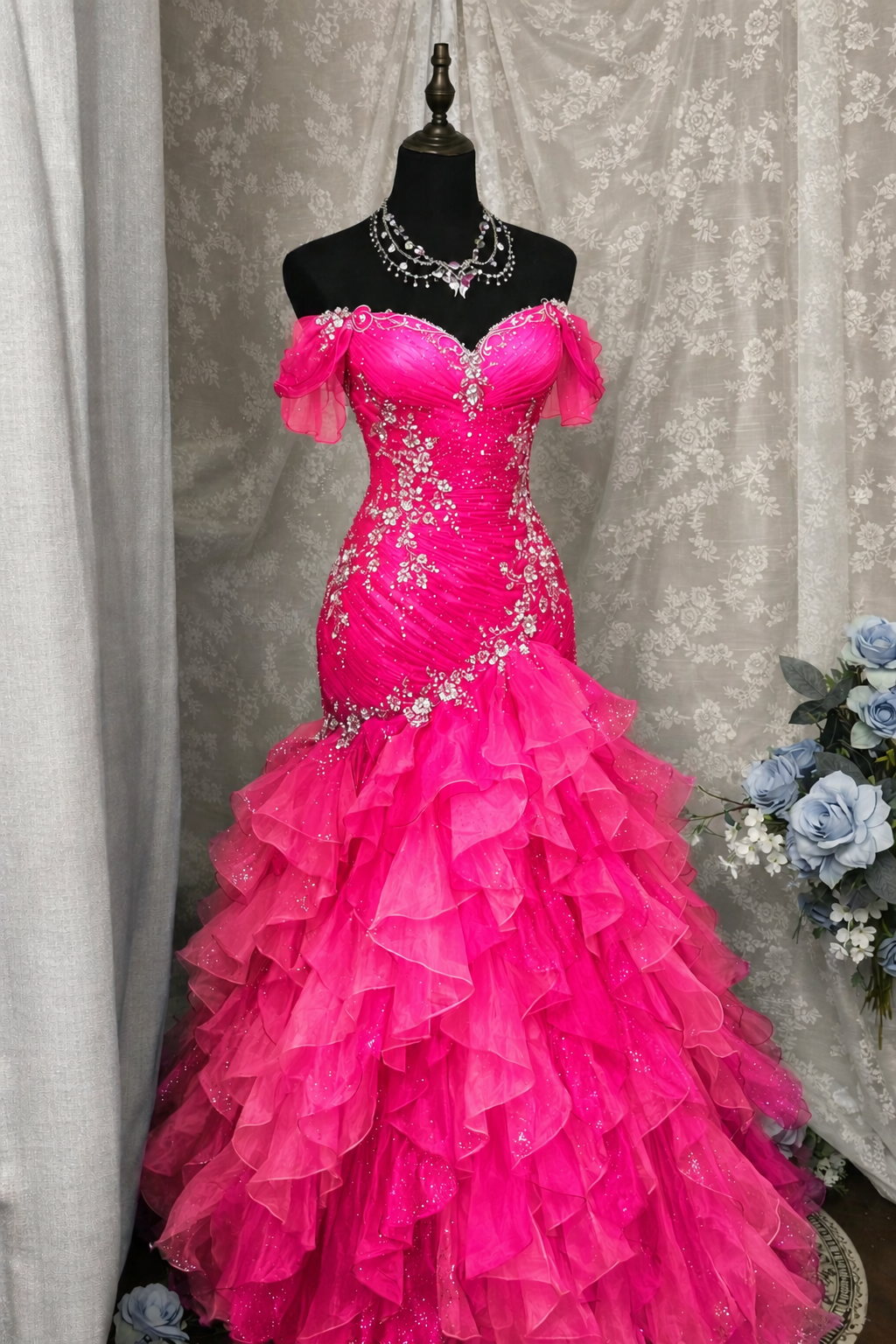 Gorgeous Blue Prom Dress Off-shoulder Tulle Sheath Birthday Dress Sleeveless Evening Dress ED07136
