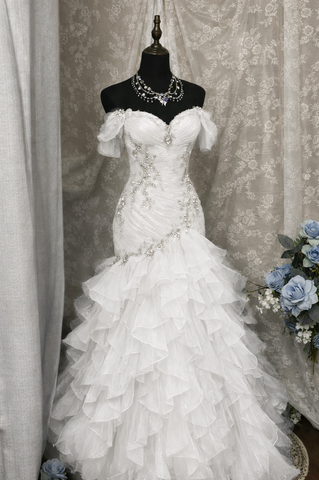 Gorgeous Blue Prom Dress Off-shoulder Tulle Sheath Birthday Dress Sleeveless Evening Dress ED07136
