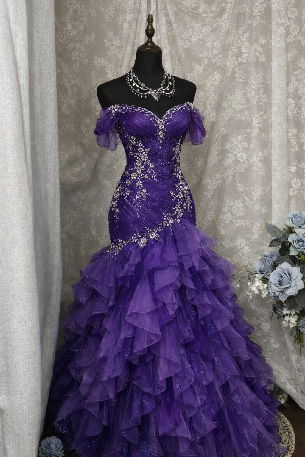 birthday occasion dress Gorgeous Blue Prom Dress Off-shoulder Tulle Sheath Birthday Dress Slee – EvaFashionDress
