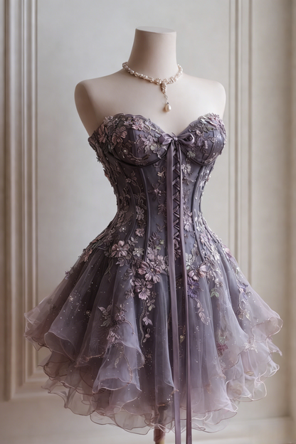 Robe de bal courte rose mignonne avec encolure cœur et applications, robe de soirée en tulle coupe A, robe d'anniversaire ED07148
