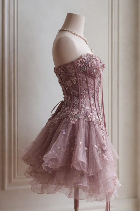 Robe de bal courte rose mignonne avec encolure cœur et applications, robe de soirée en tulle coupe A, robe d'anniversaire ED07148