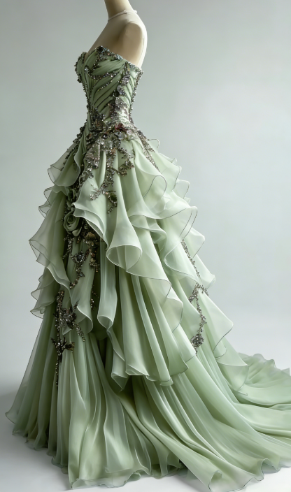 Magnifique robe de bal verte, bustier cœur, coupe trapèze, en tulle, sans manches, idéale pour un anniversaire (ED07161)
