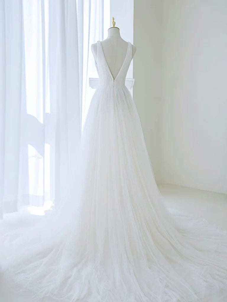 A-Line Off Shoulder White Tulle Flower Long Prom Dress, Blue Long Formal Dress   ED072