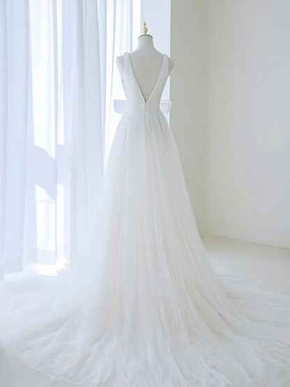 A-Line Off Shoulder White Tulle Flower Long Prom Dress, Blue Long Formal Dress   ED072