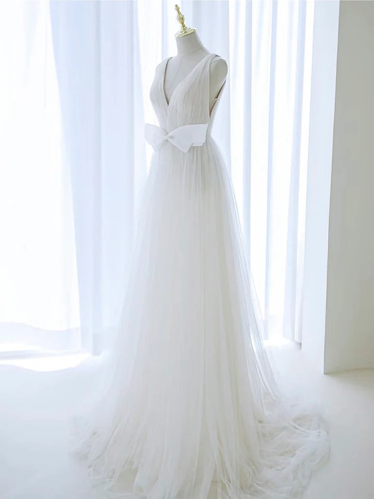 A-Line Off Shoulder White Tulle Flower Long Prom Dress, Blue Long Formal Dress   ED072