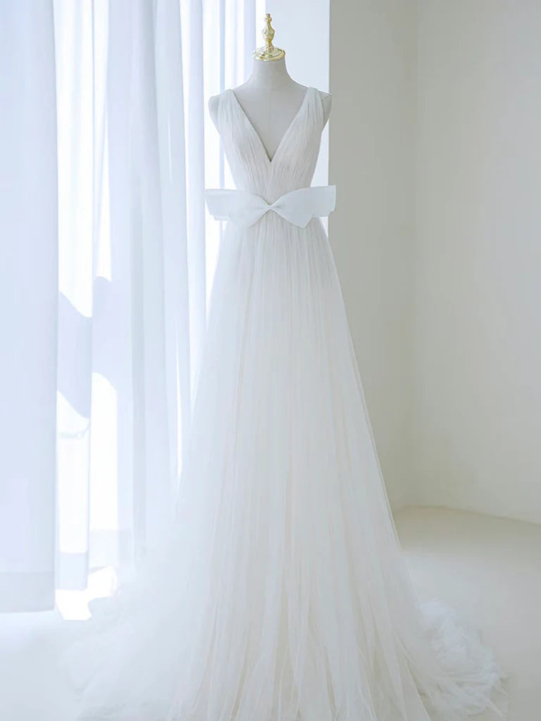 A-Line Off Shoulder White Tulle Flower Long Prom Dress, Blue Long Formal Dress   ED072
