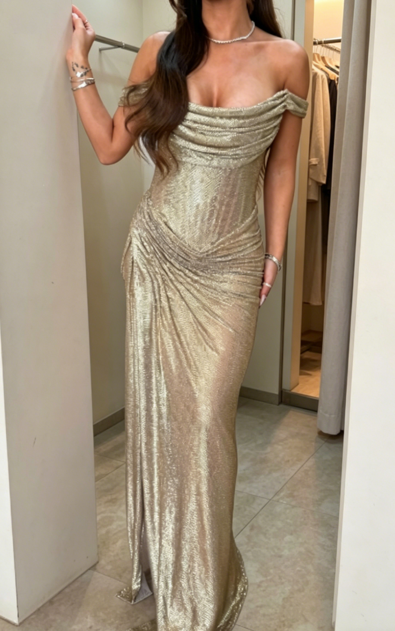 Sexy Gold Prom Dresses Sheath Long Evening Dress Off-shoulder Birthday Dress ED07218