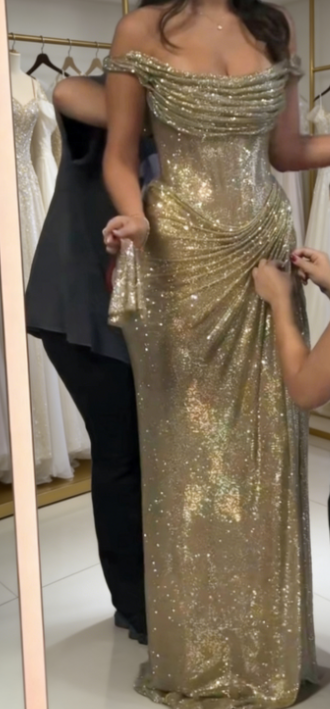 Sexy goldene Ballkleider, Etuikleid, langes Abendkleid, schulterfreies Geburtstagskleid ED07218