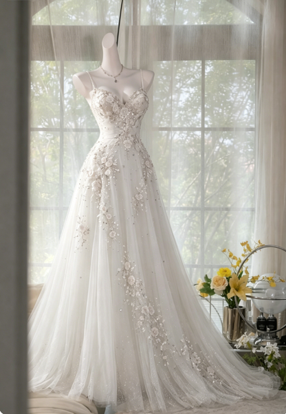 Robe de bal rose poudré chic, bretelles spaghetti, coupe trapèze, robe d'anniversaire, robe de soirée en tulle ornée de perles ED07226