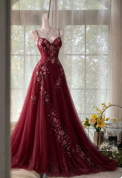 Robe de bal rose poudré chic, bretelles spaghetti, coupe trapèze, robe d'anniversaire, robe de soirée en tulle ornée de perles ED07226