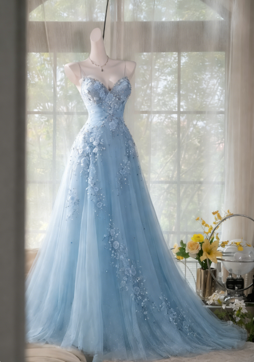 Robe de bal rose poudré chic, bretelles spaghetti, coupe trapèze, robe d'anniversaire, robe de soirée en tulle ornée de perles ED07226