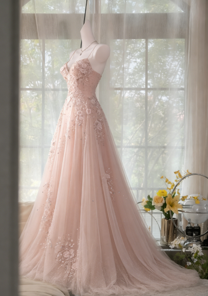 Robe de bal rose poudré chic, bretelles spaghetti, coupe trapèze, robe d'anniversaire, robe de soirée en tulle ornée de perles ED07226