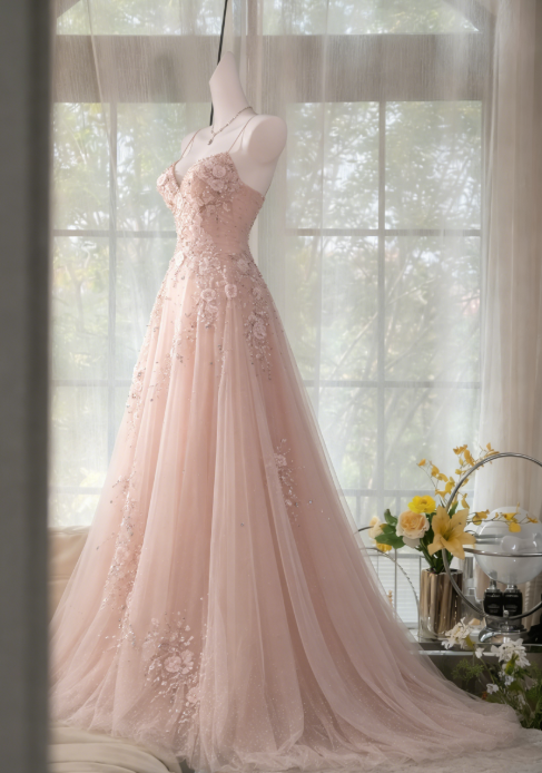 Chic Soft Pink Prom Dress Spaghetti Straps A-Line Birthday Dress Tulle Beaded Evening Dress ED07226