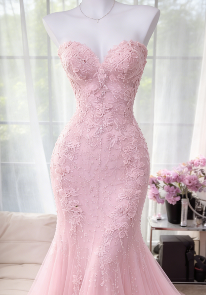 Classy Long Pink Prom Dress Appliques Chiffon Sweetheart Mermaid Evening Dress ED07238