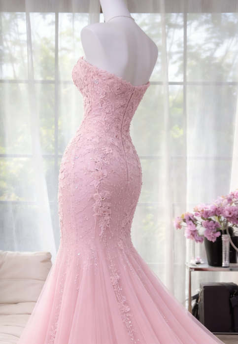 Classy Long Pink Prom Dress Appliques Chiffon Sweetheart Mermaid Evening Dress ED07238