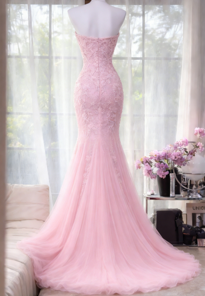 Classy Long Pink Prom Dress Appliques Chiffon Sweetheart Mermaid Evening Dress ED07238