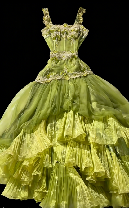 Robe de bal longue verte élégante, ornée d'appliques en tulle et de bretelles, coupe trapèze, référence ED07239