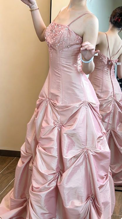 Robe de bal longue et mignonne en satin à fines bretelles, robe d'anniversaire, robe de soirée trapèze ED07261