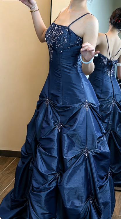 Robe de bal longue et mignonne en satin à fines bretelles, robe d'anniversaire, robe de soirée trapèze ED07261