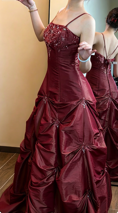 Robe de bal longue et mignonne en satin à fines bretelles, robe d'anniversaire, robe de soirée trapèze ED07261