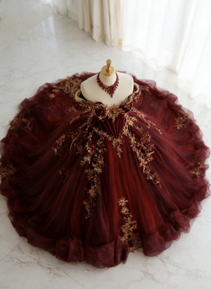 Cute Dark Red Long Prom Dress Off-shoulder Tulle A-Line Evening Dress Sleeveless Applique Sweet 16 Dress ED07322