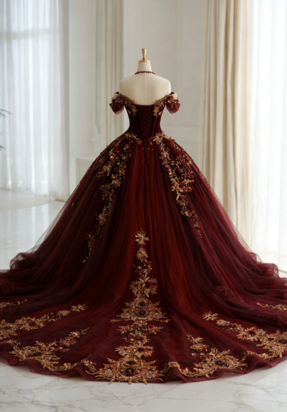 Cute Dark Red Long Prom Dress Off-shoulder Tulle A-Line Evening Dress Sleeveless Applique Sweet 16 Dress ED07322