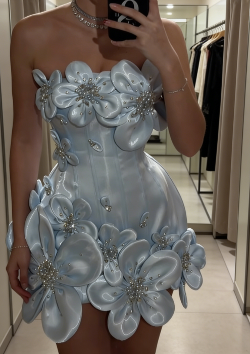 Niedliches rosa Satin-Abendkleid mit Spaghettiträgern, 3D-Applikationen, ärmellos, kurzes Geburtstagskleid ED07331