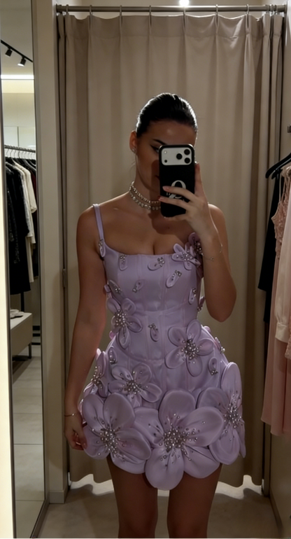 Niedliches rosa Satin-Abendkleid mit Spaghettiträgern, 3D-Applikationen, ärmellos, kurzes Geburtstagskleid ED07331