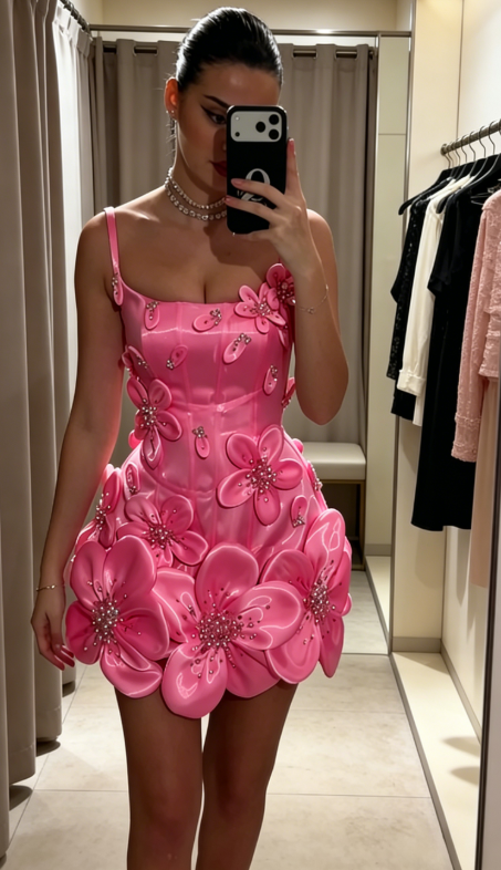 Niedliches rosa Satin-Abendkleid mit Spaghettiträgern, 3D-Applikationen, ärmellos, kurzes Geburtstagskleid ED07331
