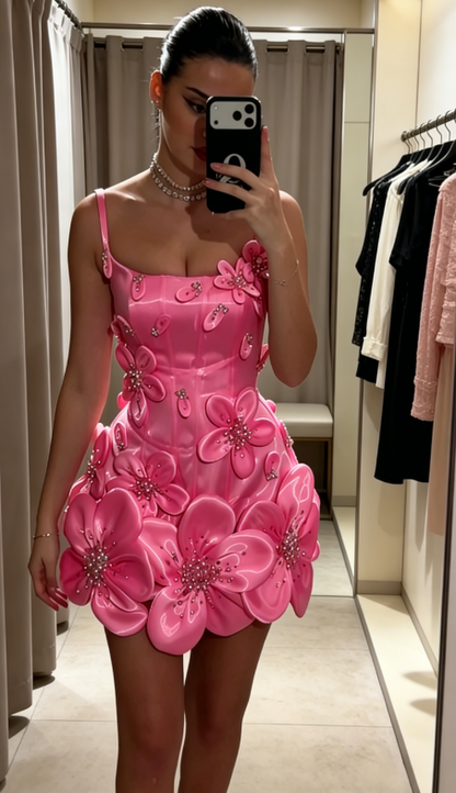 Niedliches rosa Satin-Abendkleid mit Spaghettiträgern, 3D-Applikationen, ärmellos, kurzes Geburtstagskleid ED07331