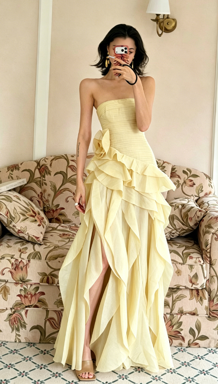 Fashion Coral Wedding Guest Dress A-Line Chiffon Strapless Evening Dress ED07461