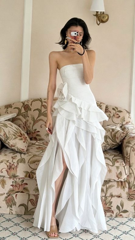 Fashion Coral Wedding Guest Dress A-Line Chiffon Strapless Evening Dress ED07461