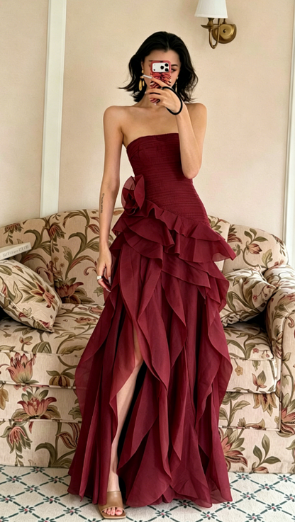 Modisches korallenfarbenes Hochzeitsgastkleid A-Linie Chiffon Trägerloses Abendkleid ED07461