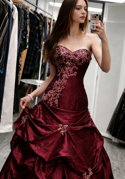 Élégante robe de soirée longue trapèze en satin couleur bordeaux, Robe de bal de promo ED07480