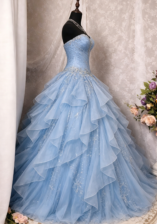 Gorgeous Blue Prom Dress Sweetheart A-Line Beaded Tulle Long Evening Dress Sweet 16 Dress ED07545