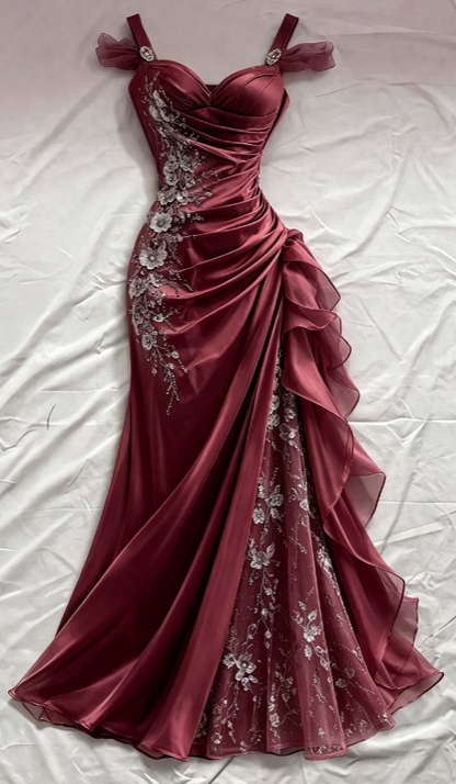 Robe de bal bleue fourreau à bretelles en satin avec appliques, robe de soirée longue ED07632