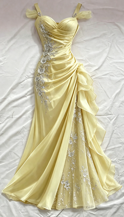 Robe de bal bleue fourreau à bretelles en satin avec appliques, robe de soirée longue ED07632