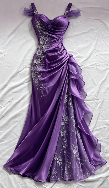 Robe de bal bleue fourreau à bretelles en satin avec appliques, robe de soirée longue ED07632