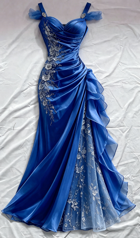 Robe de bal bleue fourreau à bretelles en satin avec appliques, robe de soirée longue ED07632