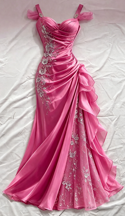 Robe de bal bleue fourreau à bretelles en satin avec appliques, robe de soirée longue ED07632