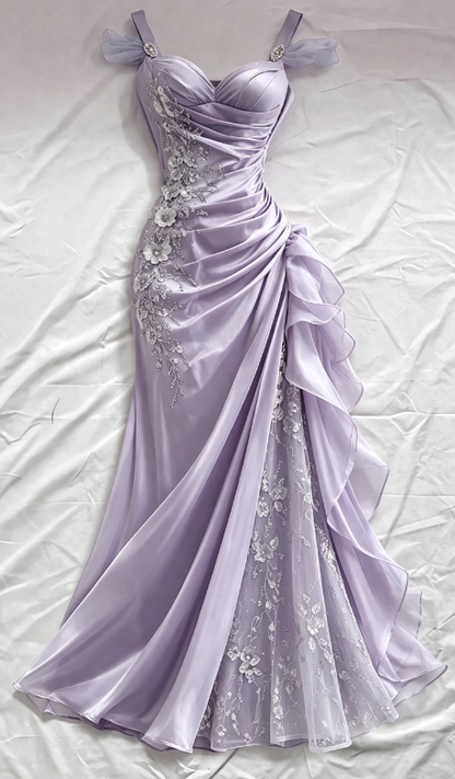 Robe de bal bleue fourreau à bretelles en satin avec appliques, robe de soirée longue ED07632